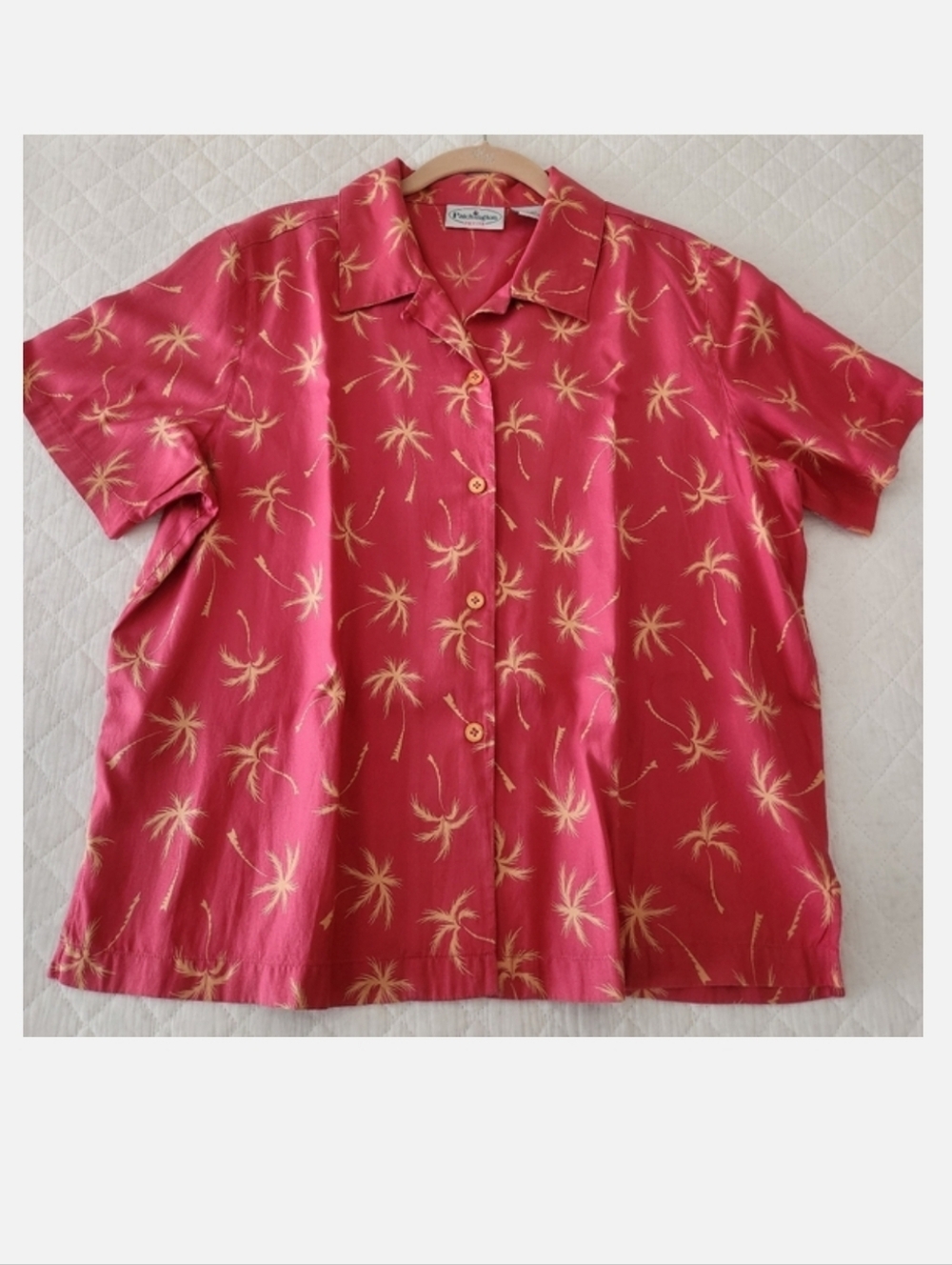 Patchington Washable Silk Blend Coral Shirt with Yellow Palms, Cute New Buttons!